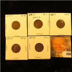 1870, 1873 Open 3, 1874, 1875, & 1876 U.S. Indian Head Cents. Good to Fine.