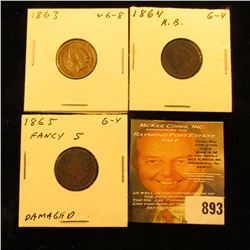 1863, 64, & 65 fancy 5 Civil War Era U.S. Indian Head Cents.