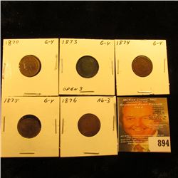 1870, 1873 Open 3, 1874, 1875, & 1876 U.S. Indian Head Cents.