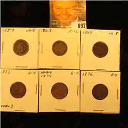 1859, 1863, 1864 Bronze, 1873 open 3, 1874, & 1876 U.S. Indian Head Cents.