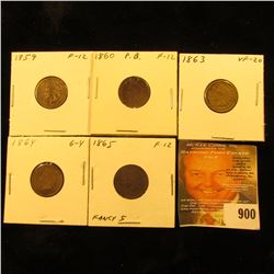 1859 Fine, 1860, 1863, 1864 Bronze, & 1865 Fancy Five U.S. Indian Head Cents.