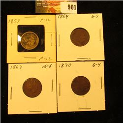 1859, 1864 Bronze, 1867, & 1870 U.S. Indian Head Cents.