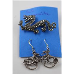 STERLING SILVER MARCASITE DRAGON PIN AND DRAGON EARRINGS