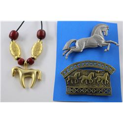 2 HORSE PINS AND HORSE NECKLACE