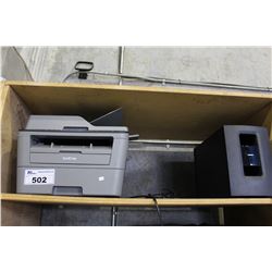 SHELF LOT OF BROTHER PRINTER AND BOSE SPEAKER