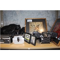 SHELF LOT INCLUDING ART, WINTER JACKET, COSTUME JEWELLERY AND MORE