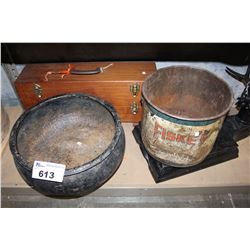 SHELF LOT INCLUDING ANTIQUE SCALE, WOODEN CHEST, GALVANIZED BOWL AND MORE