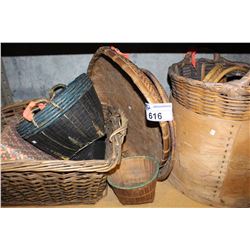 SHELF LOT INCLUDING CHEESE BARREL, WICKER BASKETS AND HAMPERS