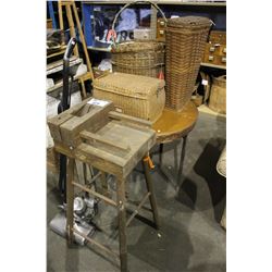 SMALL TABLE, PICNIC BASKET, WICKER BASKETS, ANTIQUE VACUUM