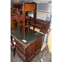 COMPUTER DESK, OAK DESK WITH CHAIR, SMALL CHAIR AND TABLE