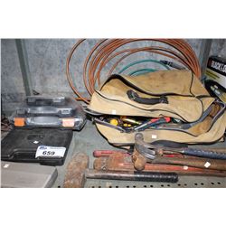 SHELF LOT INCLUDING TOOLS, PIPE WRENCHES AND MORE