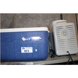 SHELF LOT OF COOLERS, HEATER AND HOUSEHOLD GOODS