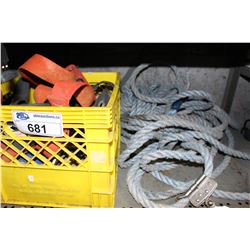 SHELF LOT OF HEAVY DUTY ROPE, HARNESSES AND MORE