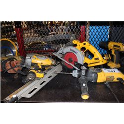 SHELF LOT OF CONSTRUCTION GOODS AND TOOLS INCLUDING DEWALT DRILLS, SAWS AND MORE