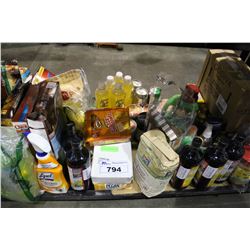 SHELF LOT OF CAT FOOD, CEREAL, CLEANING SUPPLIES, DRINKS AND HIGH END CHOCOLATES