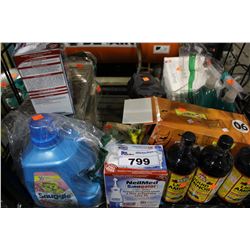 SHELF LOT OF CEREAL, CLEANING SUPPLIES, SEASONINGS, AND MORE