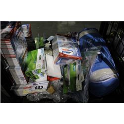 SHELF LOT INCLUDING MATTRESS COVER, STAPLERS AND OTHER HOUSEHOLD GOODS