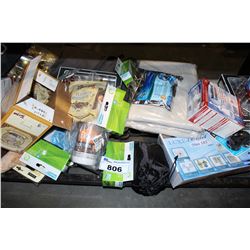 SHELF LOT INCLUDING STAPLERS, FLAX SEED, TOYS, AND MORE HOUSEHOLD GOODS