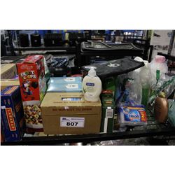 SHELF LOT INCLUDING CEREAL, KOOL-AID, SEASONING, CHOCOLATE, CLEANING SUPPLIES AND OTHER HOUSEHOLD