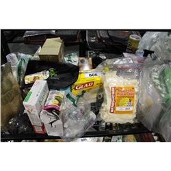 SHELF LOT INCLUDING GLAD BAGS, LAUNDRY DETERGENT, DISHWASHER SOAP, BABY FOOD, CHOCOLATES AND