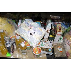 SHELF LOT INCLUDING CEREAL, LAUNDRY DETERGENT, DISHWASHER SOAP, PROTEIN BARS, CHOCOLATES AND