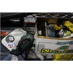 TIRE CHAINS, LEVEL, BOX FULL OF HAND TOOLS