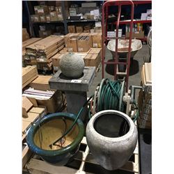 PALLET OF ASSORTED OUTDOOR GARDEN ITEMS - FOUNTAIN, GARDEN POTS, GARDEN HOSE,  2 WHEEL DOLLY