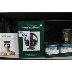 SHELF INCLUDING WIRELESS HEADPHONE, VR GLASSES, SHOULDER PADS, RC HELICOPTERS, BRUSHES, AND MORE