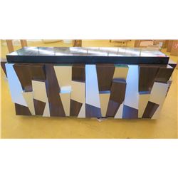 Modern Cabinet w/Geometric Brushed Metal/Dark Wood Facade, Mirrored Accents, 80" Overall Length, 24"