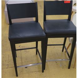 Qty 2 Black Bar-Height Chairs w/Leather Seats, Wooden Frame, Seat 18" Wide, some surface wear and te
