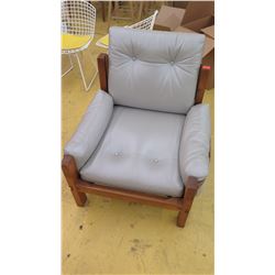Gray Leather Chair w/Wooden Frame, Leather Strap Accents, Approx. 32" W, 25.5" D. Surface of seat 15