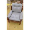 Image 1 : Gray Leather Chair w/Wooden Frame, Leather Strap Accents, Approx. 32" W, 25.5" D. Surface of seat 15