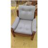 Image 2 : Gray Leather Chair w/Wooden Frame, Leather Strap Accents, Approx. 32" W, 25.5" D. Surface of seat 15