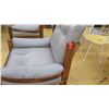Image 8 : Gray Leather Chair w/Wooden Frame, Leather Strap Accents, Approx. 32" W, 25.5" D. Surface of seat 15