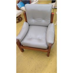 Gray Leather Chair w/Wooden Frame, Leather Strap Accents, Approx. 32" W, 25.5" D. Surface of seat 15