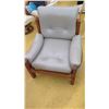 Image 1 : Gray Leather Chair w/Wooden Frame, Leather Strap Accents, Approx. 32" W, 25.5" D. Surface of seat 15