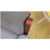 Image 2 : Gray Leather Chair w/Wooden Frame, Leather Strap Accents, Approx. 32" W, 25.5" D. Surface of seat 15