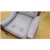 Image 4 : Gray Leather Chair w/Wooden Frame, Leather Strap Accents, Approx. 32" W, 25.5" D. Surface of seat 15