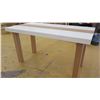 Image 8 : Tall Parsons Table - Natural Wood Legs, White Top, 6ft X 3ft, 38" Tall, minor damages  on leg and la