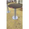 Image 1 : Round Pedestal Side Table - Dark Wood Top, Brushed Aluminum Base, 23.5" Dia., Some Surface Wear