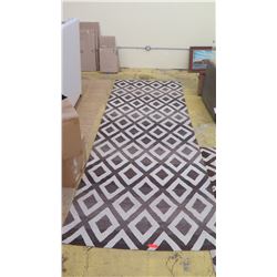 Area Rug: Kelim, White/Brown Geometric Pattern, Approx. 4'10 x 13'9, shows wear and tear, some disco