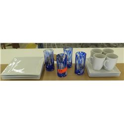 Set of 4 Square Williams Sonoma Ceramic Dishes, Salad Plates, Blue Beverage Glasses, Tabletops Galle