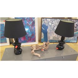 Pair of Black Ceramic Lamps w/Shades (26" H), Decorative Driftwood Accent