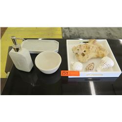Kassatex Soap Dish & Soap Dispenser, White Tray, Small Bowl, Seashells