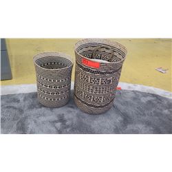 Two Woven Baskets w/White Metal Bucket