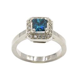 18KT White Gold 1.21 ctw Fancy Blue Princess Cut Diamond Solitaire Engagement Ri