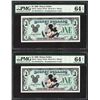 Image 1 : Lot of (2) Consecutive 1989 $1 Disney Dollars Notes PMG Choice Uncirculated 64EP