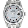 Image 2 : Rolex Mens 36mm Stainless Steel MOP Ruby String Diamond Datejust Wristwatch