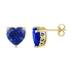 7 CTW Created Blue Sapphire Heart Stud Earrings 10KT Yellow Gold - REF-14M9H