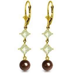 Genuine 6.5 ctw Black Pearl & Aquamarine Earrings Jewelry 14KT Yellow Gold - REF-45Z8N